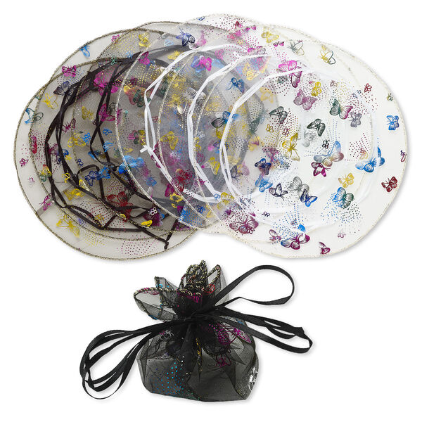 Pouch, organza, black / white / multicolored, 10-1/2 inch round with butterfly pattern and drawstring. Sold per pkg of 6. image number 0