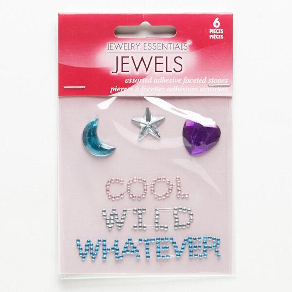 Flat back, self-adhesive acrylic, assorted colors, 13x13mm-58x9mm assorted shape. Sold per pkg of 6. image number 0