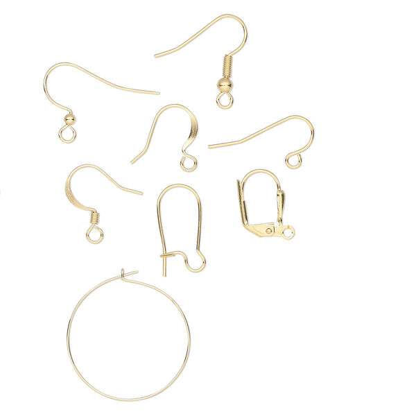 Ear wire mix, gold-plated brass and steel, 14-24.5mm mixed style, 22-24 gauge. Sold per pkg of 50 pairs. image number 0