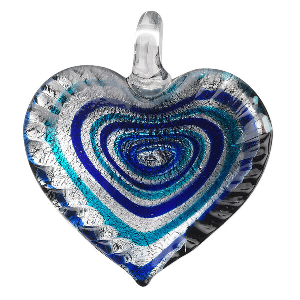 Pendant, lampworked glass, black / blue / dark blue with silver-colored foil, 42x40mm single-sided wavy heart with swirl design. Sold individually. image number 0
