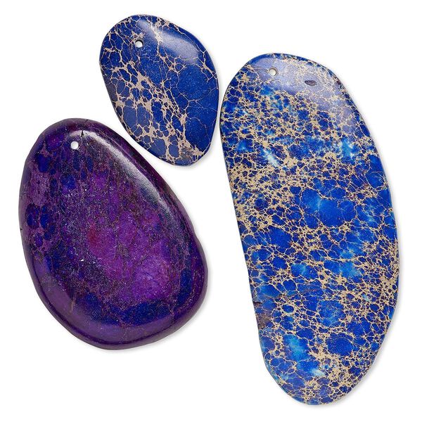 Focal mix, magnesite (dyed / stabilized), blue to purple, 34x24mm-88x42mm freeform, Mohs hardness 3-1/2 to 4. Sold per pkg of 3. image number 0
