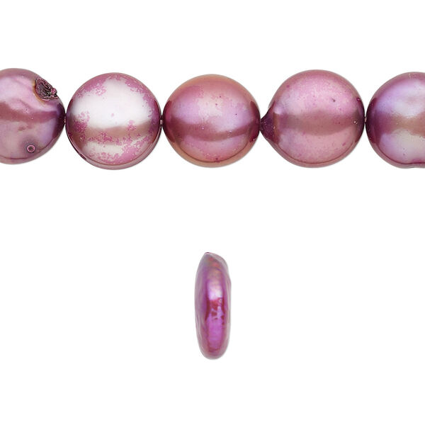 Pearl, cultured freshwater (dyed), purple, 10-12mm flat round, C- grade, Mohs hardness 2-1/2 to 4. Sold per 8-inch strand, approximately 15 beads. image number 0