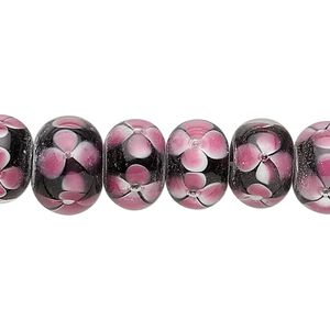 Bead, lampworked glass, black and pink, 12x8mm rondelle with flowers. Sold per 8-inch strand.
