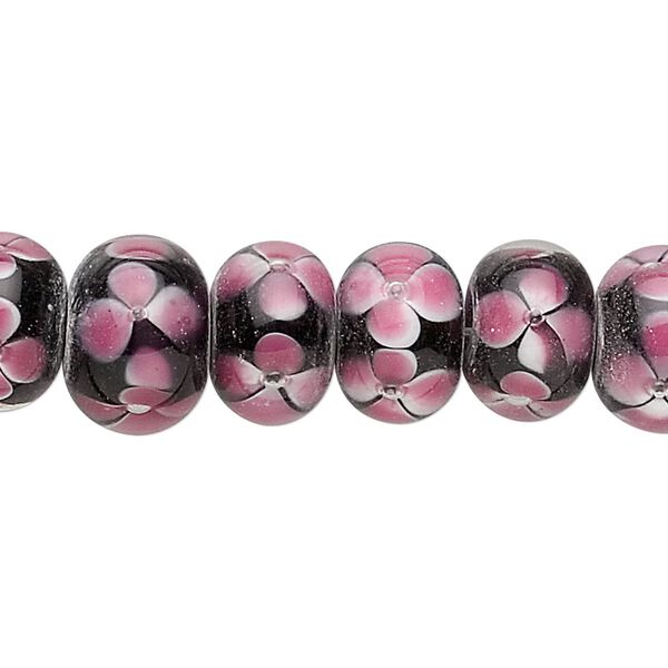 Bead, lampworked glass, black and pink, 12x8mm rondelle with flowers. Sold per 8-inch strand. image number 0