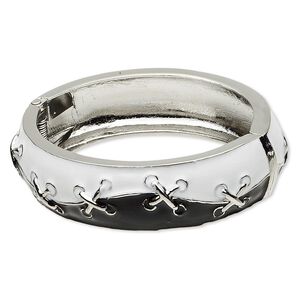 Bracelet, hinged bangle, epoxy and rhodium-finished "pewter" (zinc-based alloy), black and white, 20mm wide with raised crisscross design, 6 inches. Sold individually.