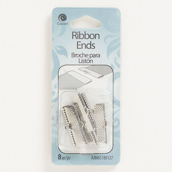 Ribbon crimp end, silver-finished "pewter" (zinc-based alloy), 24.5 x 7mm textured rectangle. Sold per pkg of 8. image number 0