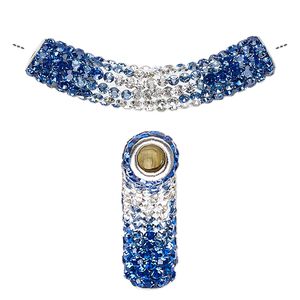 Bead, Dione®, resin / glass rhinestone / silver-plated brass, multicolored, 47x9mm curved tube. Sold individually.