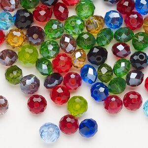 Bead mix, glass, pkg/1 ounce, opaque to transparent mixed colors, 6x4mm-6x5mm faceted rondelle.