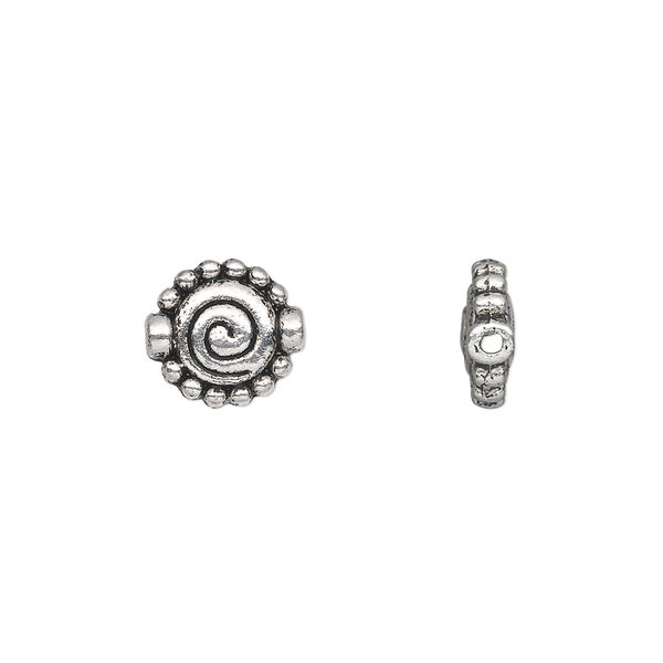 Bead, antique silver-plated "pewter" (zinc-based alloy), 10x3mm double-sided flat round spiral with beaded edge. Sold per pkg of 20. image number 0