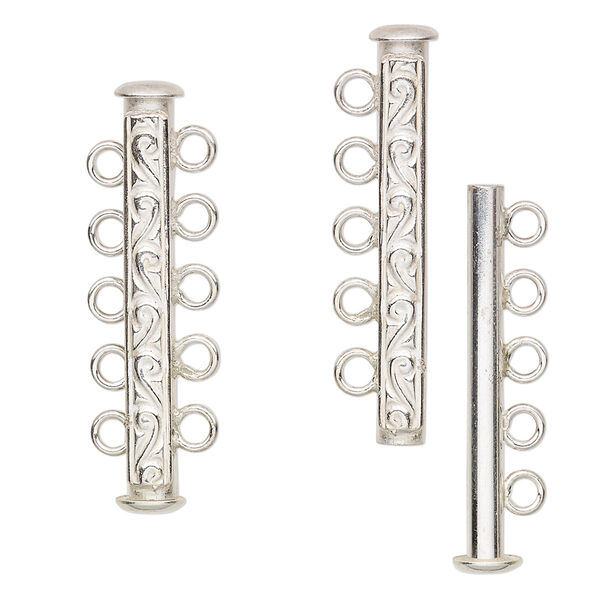 Clasp, JBB Findings, 5-strand slide lock, sterling silver, 31x6mm tube with filigree pattern. Sold individually. image number 0