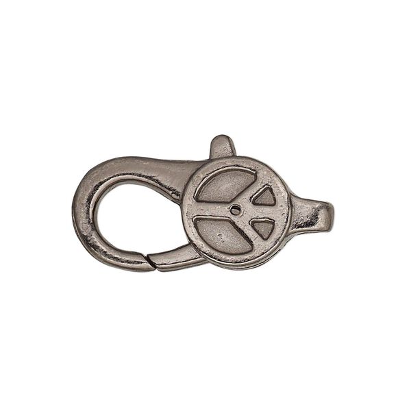 Clasp, lobster claw, gunmetal-plated "pewter" (zinc-based alloy), 27.5x12mm with double-sided peace sign design. Sold per pkg of 4. image number 0