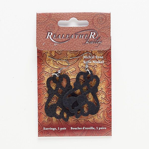 Earring, suede and silver-finished "pewter" (zinc-based alloy), black, 2-1/2 to 2-3/4 inches with cutout design. Sold per pair. image number 0