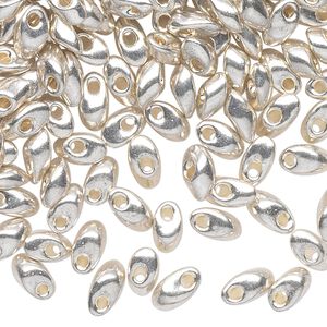 Seed bead, Miyuki, glass, pkg/250g, 7x4mm long magatama, opaque metallic shiny silver (LMA-1051).