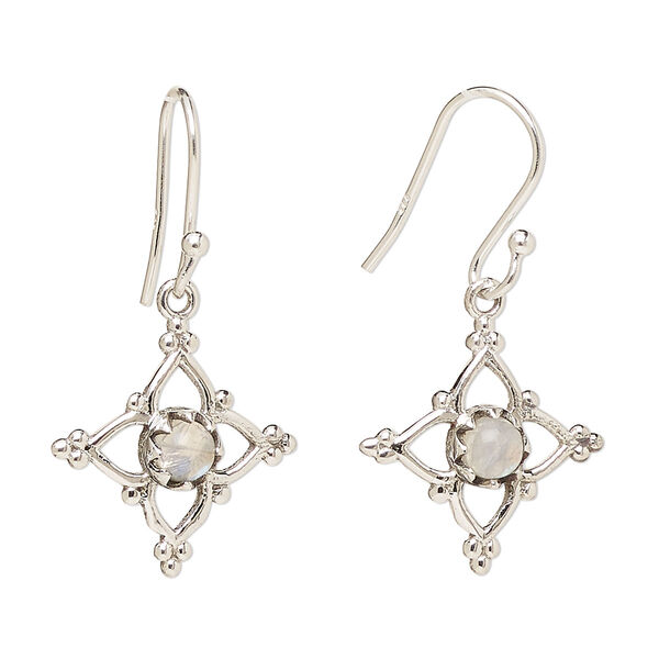 Ear wire, Create Compliments®, antiqued sterling silver and rainbow moonstone (natural), fishhook, 32mm with 17mm single-sided open beaded diamond, 21 gauge. Sold per pair. image number 0