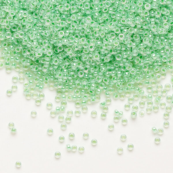 Seed bead, Miyuki, glass, pkg/250g, #15 rocaille, opaque inside dyed color luster mint green alabaster base (RR-520). image number 0