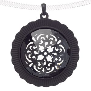 Pendant, acrylic and steel, black and clear, 55mm matte round with flower design. Sold individually.