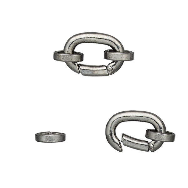 Clasp, self-closing hook, gunmetal-plated brass, 14x10mm with (2) 7x6mm oval jump rings. Sold per pkg of 2. image number 0