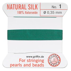 Thread, Griffin, silk, green, size #1. Sold per 2-meter card (approximately 78 inches).