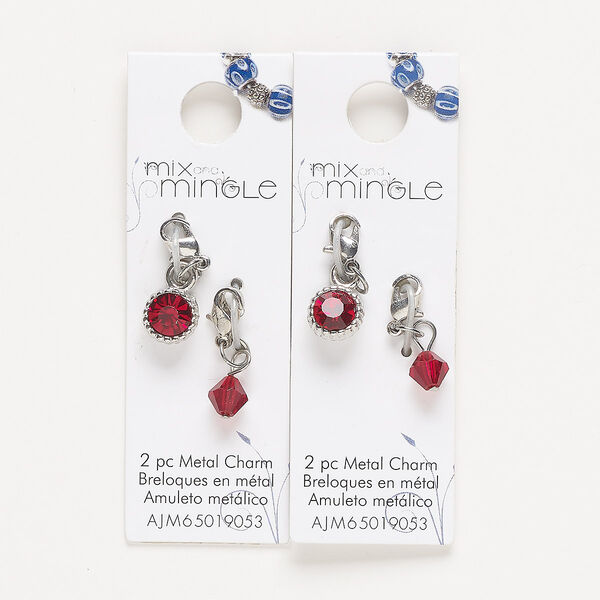 Drop, silver-finished "pewter" (zinc-based alloy) / steel / glass, dark red, 22x7mm single-sided and 24x9mm single-sided with lobster claw clasp. Sold per pkg of (2) 2-piece sets. image number 0