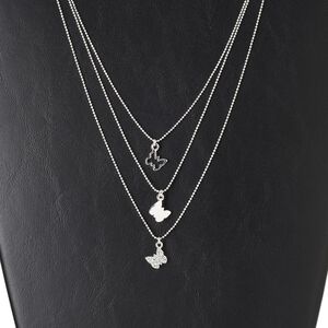 Necklace, 3-strand, silver-finished "pewter" (zinc-based alloy) and brass, glass, clear, 10x9mm butterfly / 10x9mm butterfly / 10x9mm open butterfly, 17-1/2 inches with 3-inch extender chain and lobster claw clasp. Sold individually.