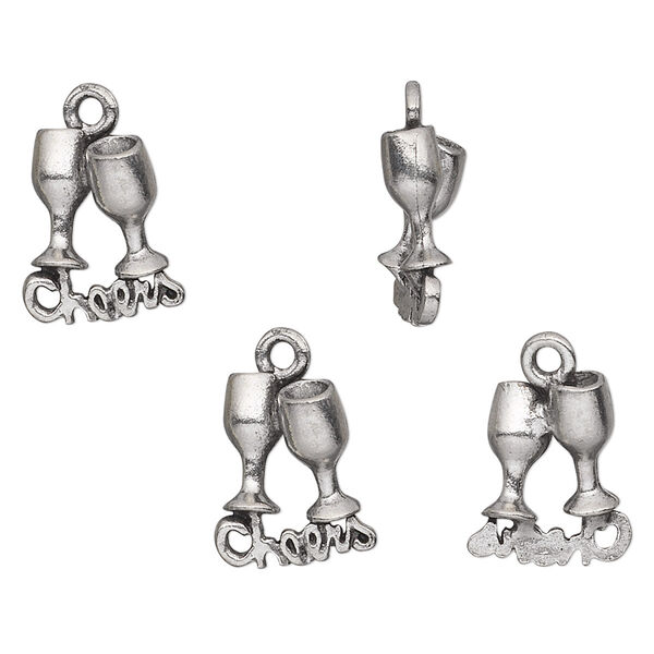Charm, antiqued pewter (tin-based alloy), 13x11mm "cheers" with 2 glasses. Sold per pkg of 4. image number 0