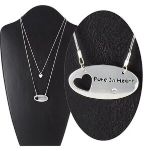 Necklace, 2-strand, glass with silver-finished "pewter" (zinc-based alloy) and brass, clear, 36.5x19.5mm oval with cutout heart and "Pure in Heart," 17 inches with 3-inch extender chain and lobster claw clasp. Sold individually.