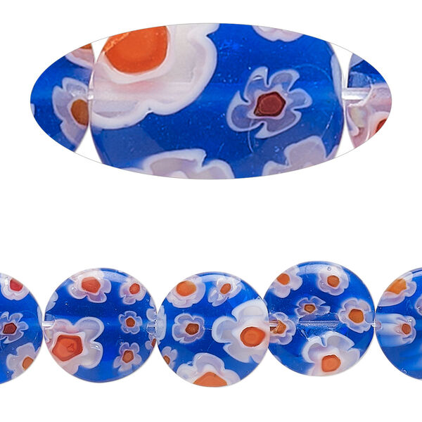Bead, millefiori glass, translucent cobalt blue and multicolored, 11-12mm puffed flat round. Sold per 14-inch strand. image number 0