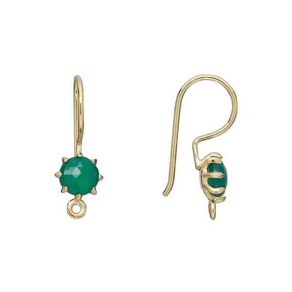 Ear wire, green onyx (dyed) and gold-finished sterling silver, 22mm fishhook with 7.5mm hand-cut faceted round and closed loop, 19 gauge. Sold per pair. image number 0