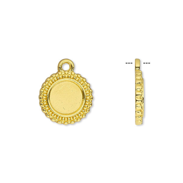 Drop, gold-finished brass, 13mm single-sided beaded round with 8mm round setting. Sold per pkg of 10. image number 0