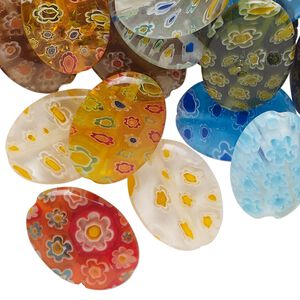 Bead mix, millefiori glass, translucent and transparent mixed colors, 17x12mm-19x13mm puffed oval. Sold per 2-ounce pkg, approximately 35 beads.