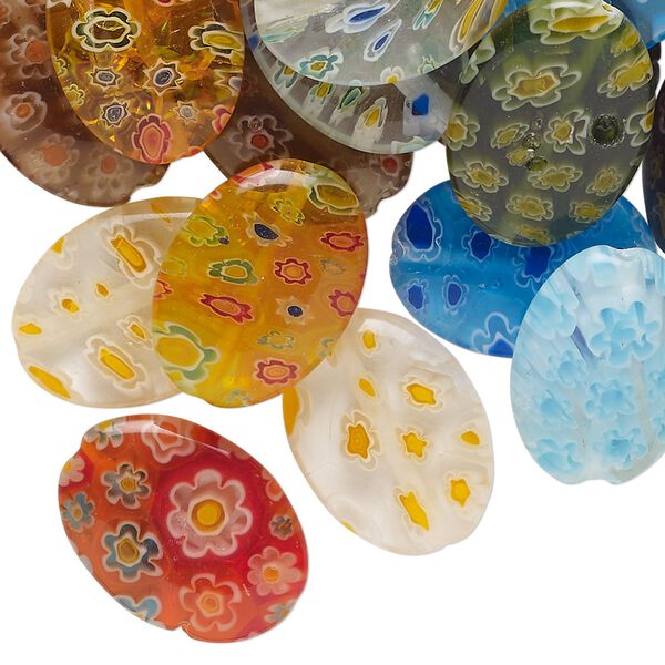 Bead mix, millefiori glass, translucent and transparent mixed colors, 17x12mm-19x13mm puffed oval. Sold per 2-ounce pkg, approximately 35 beads. image number 0