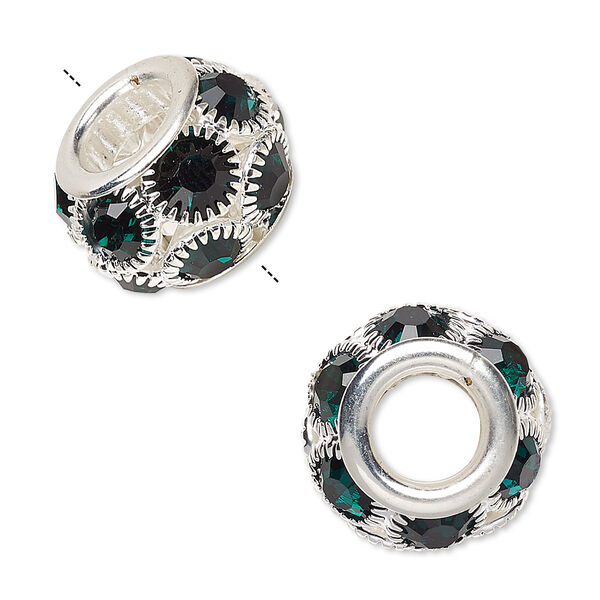 Bead, Egyptian glass rhinestone and silver-plated "pewter" (zinc-based alloy), emerald green, 18x12mm rondelle with 8mm hole. Sold individually. image number 0