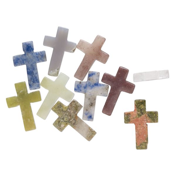 Multi-gemstone 1pkg10, half-drilled cross drop natural mix 21x14mm-22x16mm image number 0