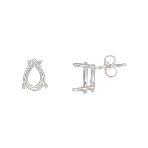 Earstud 1pkg2 Sure-Set™ sterling silver, 10x7mm pear pre-notched 4-prong basket-style setting / earnuts, 1 pair