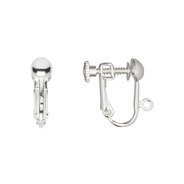 Earring, clip-on, silver-plated brass, 15mm hinged screwback with 5mm half ball and open loop. Sold per pkg of 5 pairs. image number 0