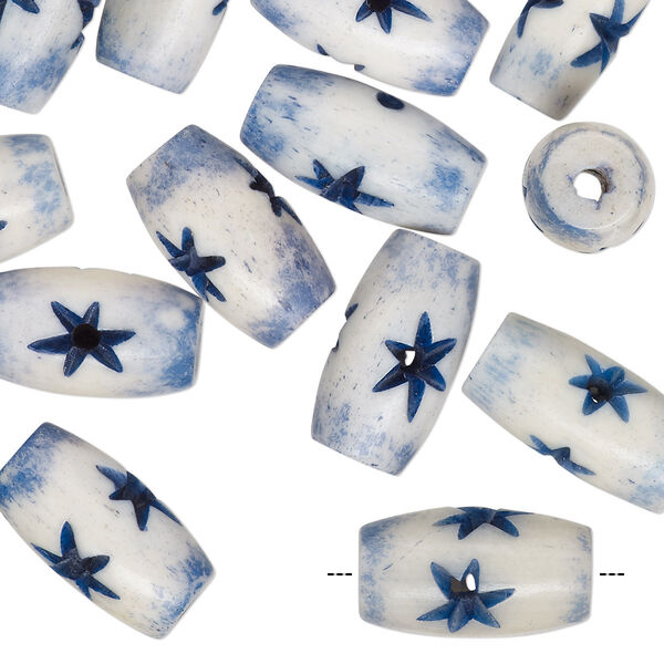 Bead, bone (dyed), denim blue and white, 15x9mm round tube with stars, Mohs hardness 2-1/2. Sold per pkg of 24. image number 0