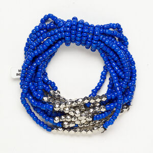 Bracelet 1pkg1, stretch 10-strand, elastic / glass / silver-finished copper, cobalt blue and silver, 19.5mm wide, 7 inches.