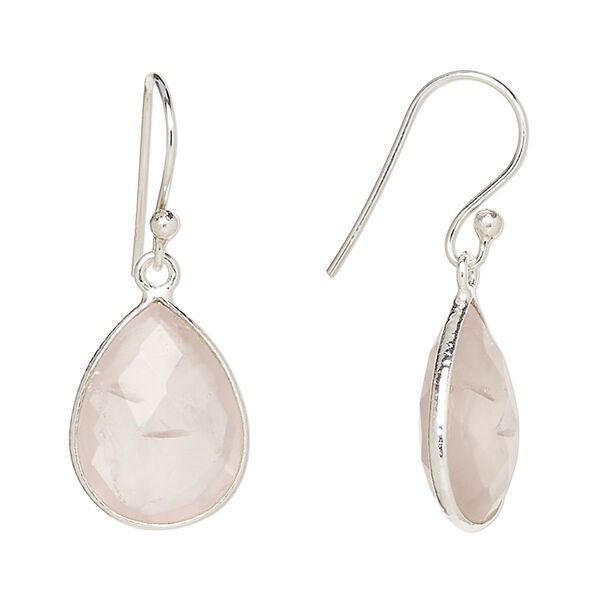 Earring, rose quartz (natural) and sterling silver, 32mm with teardrop and textured rim with fishhook ear wire, 21 gauge. Sold per pair. image number 0