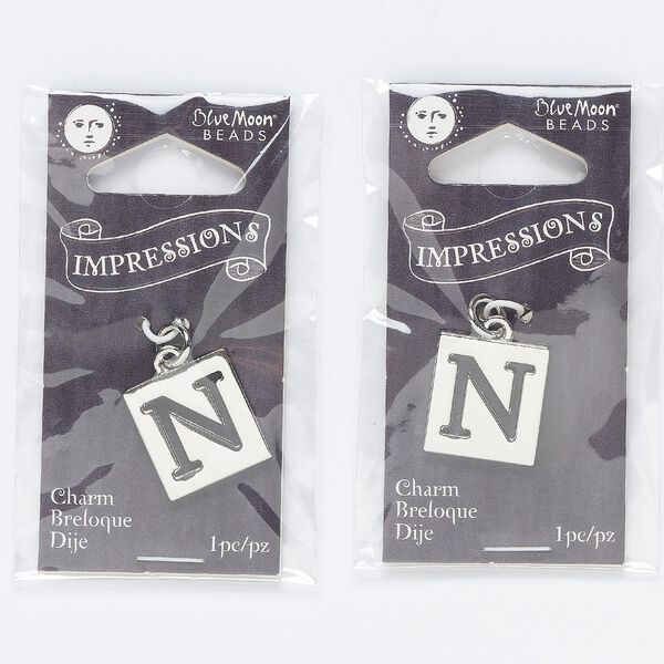 Drop, silver-finished "pewter" (zinc-based alloy) and steel, 16x15mm square with cutout "N." Sold per pkg of 2. image number 0