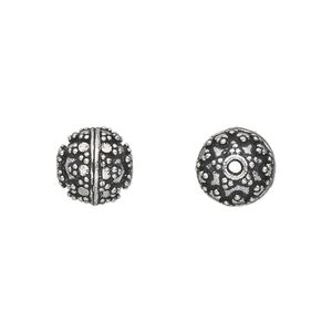 Bead, antique silver-plated white brass, 10mm fancy round with dot accents. Sold per pkg of 4.
