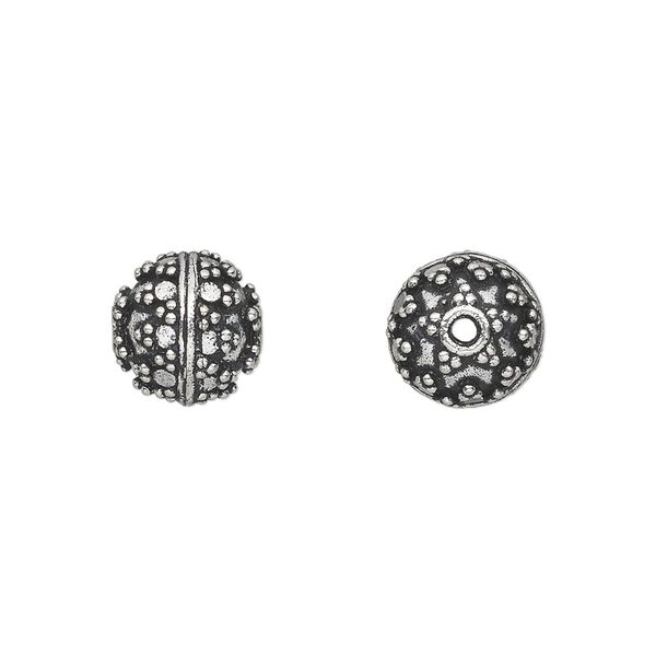 Bead, antique silver-plated white brass, 10mm fancy round with dot accents. Sold per pkg of 4. image number 0