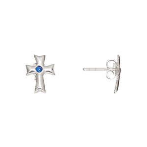 Earstud, Everyday Jewelry, crystals and sterling silver, sapphire blue, 11x8mm cross with post. Sold per pair.