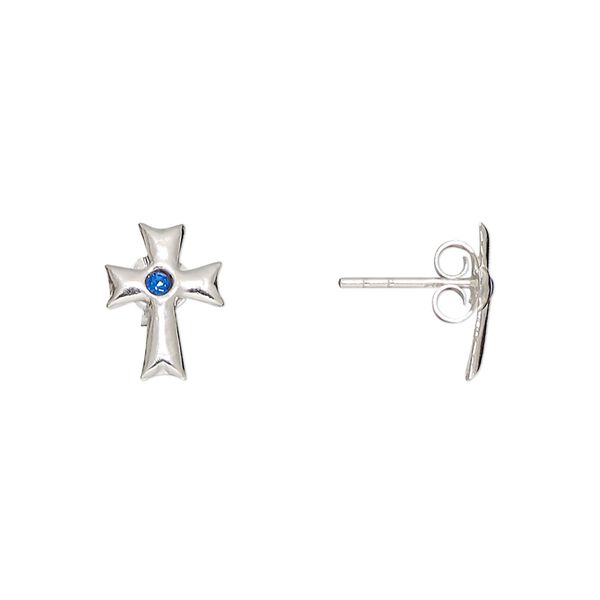 Earstud, Everyday Jewelry, crystals and sterling silver, sapphire blue, 11x8mm cross with post. Sold per pair. image number 0