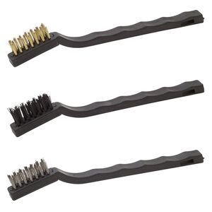 Brush, wire, plastic / brass / stainless steel, black, 7-1/2 inches with 1-1/4 x 1/4 inch bristle. Sold per 3-piece set.
