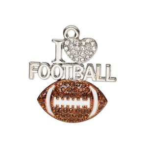 Charm, glass / painted enamel / silver-finished "pewter" (zinc-based alloy), brown / white / clear, 26.5x26mm single-sided "I heart FOOTBALL" with football. Sold individually.