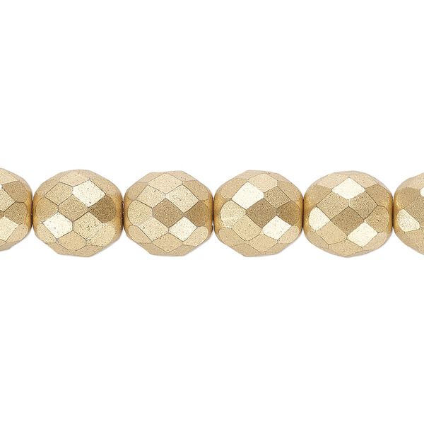 Bead, Czech fire-polished glass, opaque satin gold, 10mm faceted round. Sold per 15-1/2" to 16" strand, approximately 40 beads. image number 0