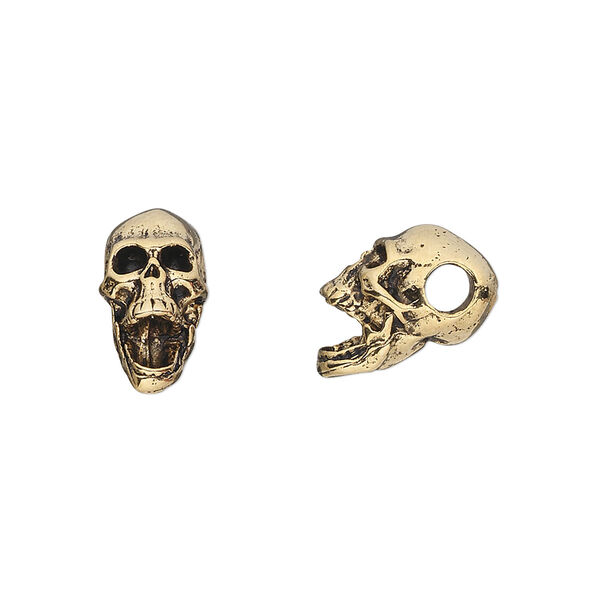 Bead, pewter (tin-based alloy), pkg/1, antique gold plate, 14x10mm skull. image number 0