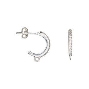Earring hoop 1pkg2 sterling silver / cubic zirconia, 13mm half loop / closed loop / earnuts, 20 gauge clear 1 pair