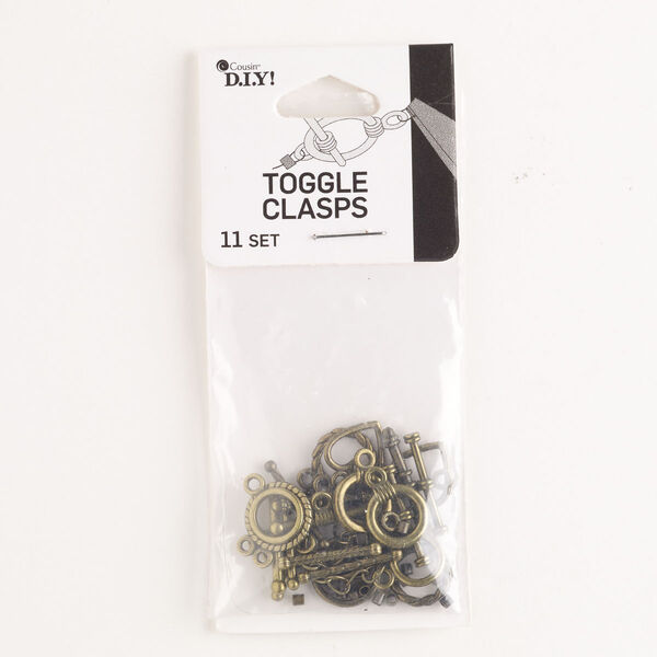 Clasp mix, toggle, "pewter" (zinc-based alloy) / steel / brass, pkg/11, 11mm round / 11mm twisted round / 12mm heart, antique brass finish. image number 0