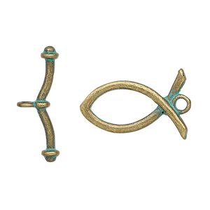 Clasp toggle 1pkg4 brass-plated / patina "pewter" (zinc alloy), 23x15mm Christian fish, green antique 1-strand